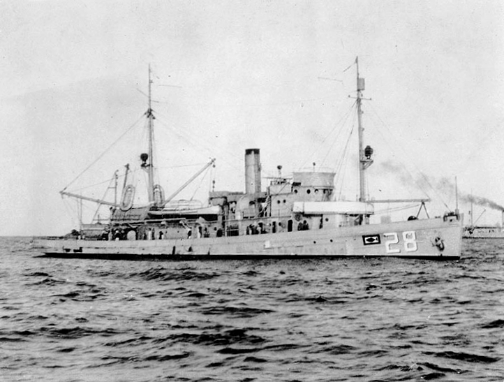 The U.S. Navy minesweeper USS Falcon (AM-28) during the 1920s or early 1930s, while Falcon was serving as a submarine rescue ship but still retained her original hull number.