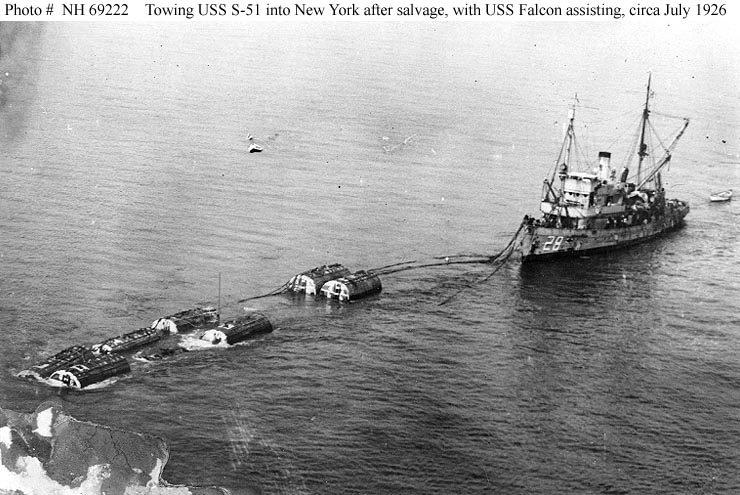 Towing USS S-51 into New York Harbor, with USS Falcon assisting, circa July 1926
