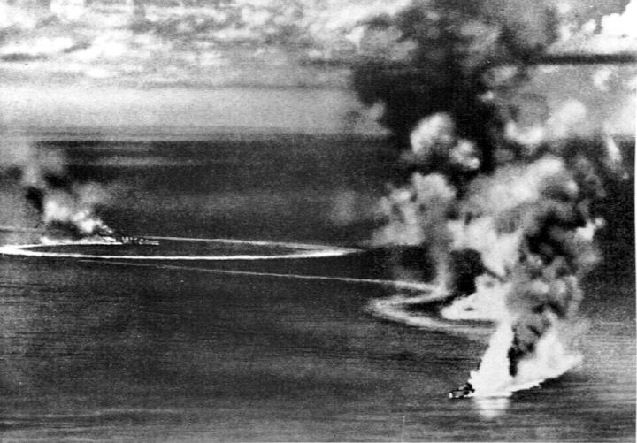 British heavy cruisers HMS Dorsetshire and Cornwall under Japanese air attack and heavily damaged, off Ceylon, on 5 April 1942