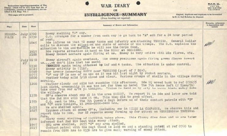 Stormont, Dundas & Glengarry war diary: July 26th to 27th 1944. – CRMA Archives