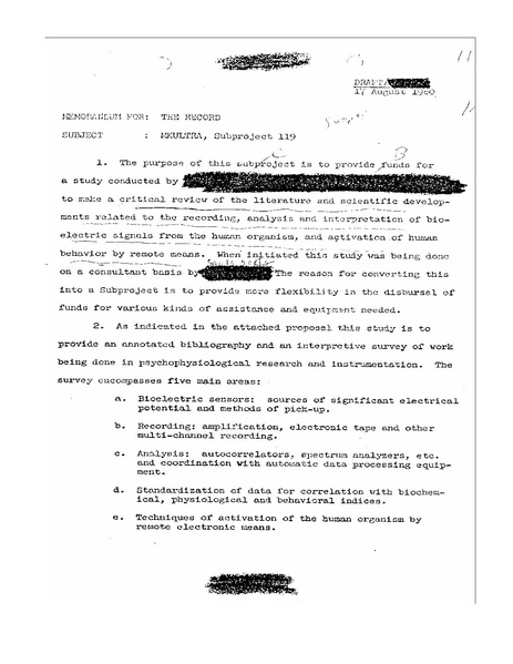 Declassified MKUltra document about subproject 119. The draft is dated “17 August 1960”, while the approval date is “9/9/60”.It is only partly censored.