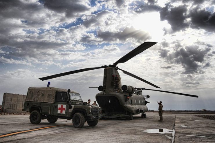 An ambulance waits to receive a casualty from a Chinook helicopter at Camp Bastion, Afghanistan following an engagement with the enemy.Photo: Sergeant Alison Baskerville RLC/MOD