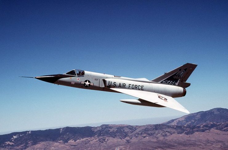 One of the last two F-106s in active service, seen here in 1990 as a safety chase aircraft in the B-1B aircraft production acceptance flight test program.