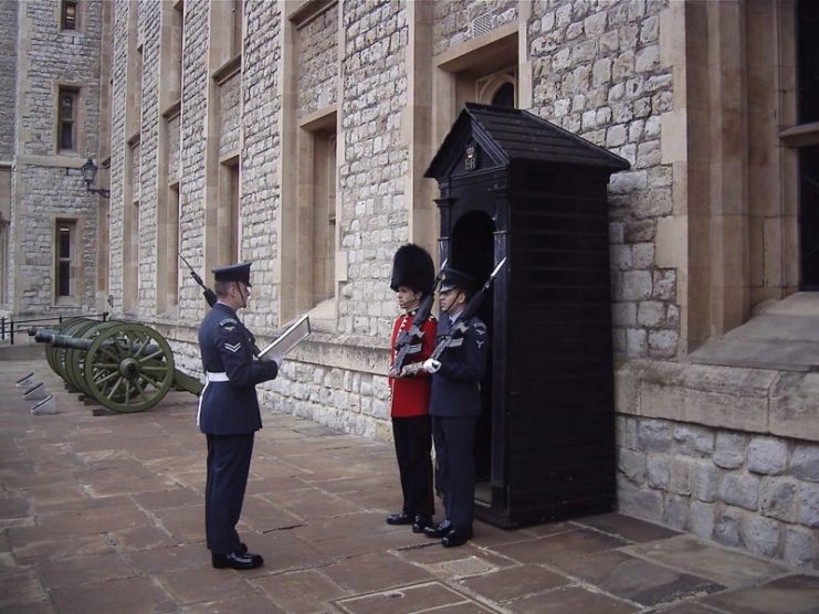 Old and new sentries. Coldstream Guards and Queen’s Colour Squadron (RAF) posted at the Tower of London