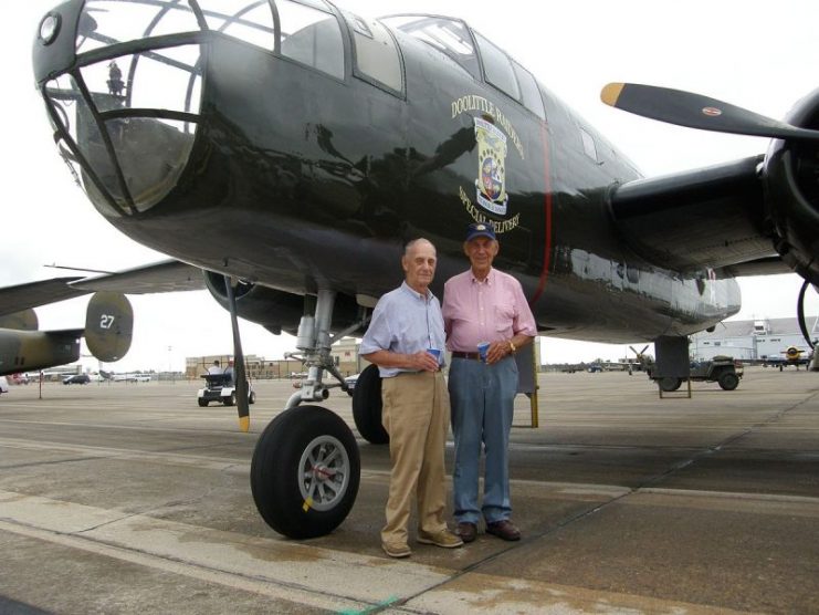 Doolittle Raiders Edwin Weston Horton Jr. and Richard E. Cole after a B-25 flight at the Wings Over Houston Airshow in 2007