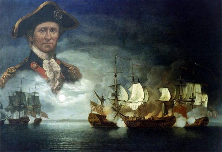A merging of two Public Domain images from 1780: John Paul Jones, attributed to Louis-Philibert Debucourt.jpg and a depiction of the Battle of Flamborough Head between the USS Bonhomme Richard and HMS Serapis by Thomas Mitchell