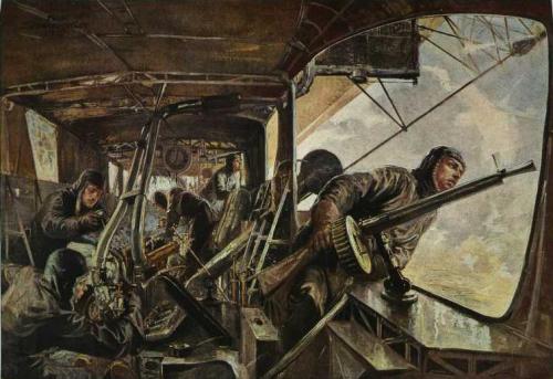 1917 watercolor by Felix Schwormstädt – translated title- “In the rear engine gondola of a Zeppelin airship during the flight through enemy airspace after a successful attack on England”