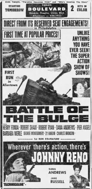 Boulevard Drive-In theater advertisement for the American films Battle of the Bulge (1965) and Johnny Reno (1966)