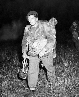 21 SAS soldier after a night parachute drop exercise in Denmark, 1955