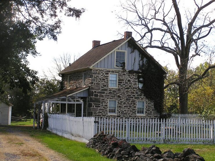 George Weikert House, Gettysburg.This lovely stone farmhouse stands on US Avenue where it intersects with Hancock / Sedgwick Ave.Used as a Union field hospital, the house is a two story granite building on a granite foundation. It has vertical board and batten on the gable ends. In 1863, the house was a one-story, two-bay stone house. In the later nineteenth century, it was modified to the current two-story.Photo: lcm1863 CC BY-ND 2.0