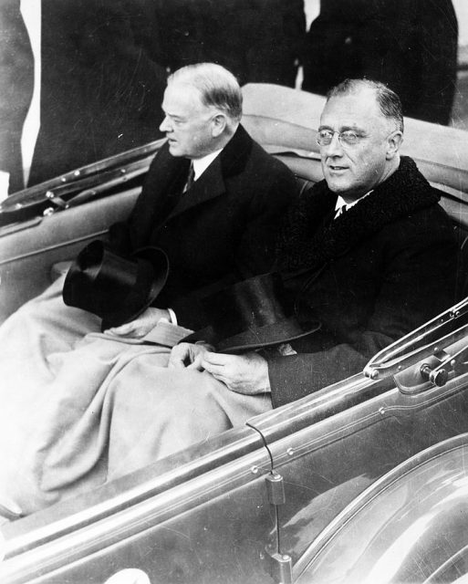 Outgoing president Herbert Hoover and Roosevelt on Inauguration Day, 1933