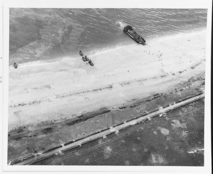 Aerial view of a practice landing at Slapton Sands, England, in preparation for the Normandy Invasion.