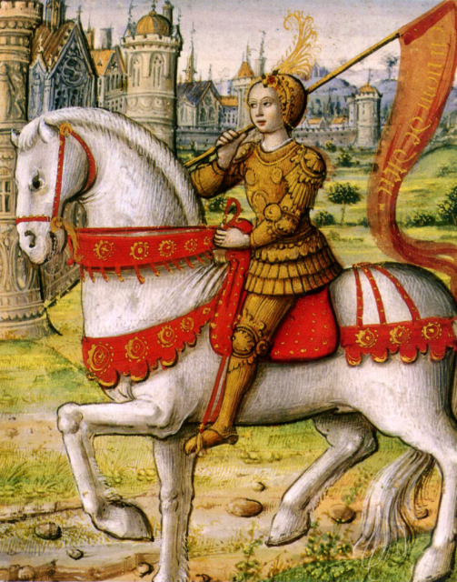 Joan of Arc depicted on horseback in an illustration from a 1504 manuscript.
