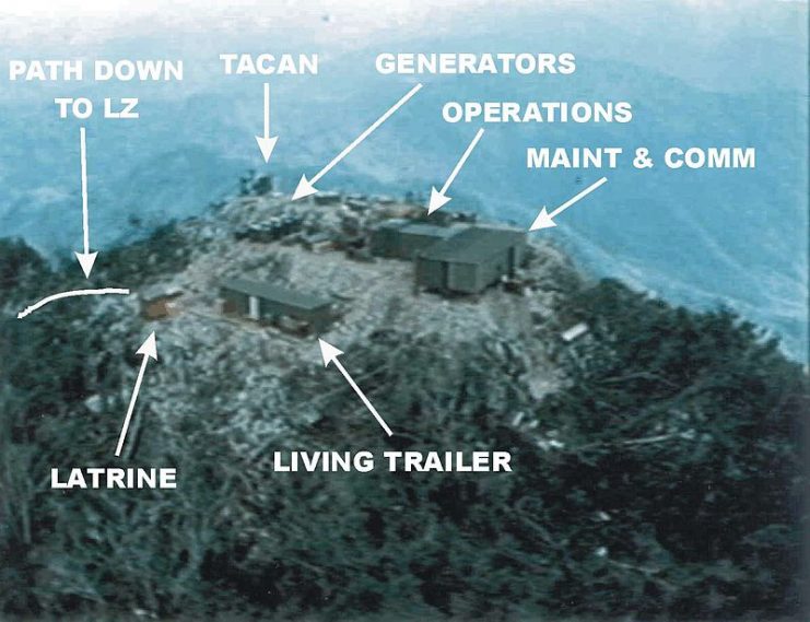 The LS-85 mountaintop area included radar shelters (“Operations”) with antennas and interior equipment normally in/on mobile AN/MSQ-77 “control and plotting” and radar vans. “TACAN” is the box shelter for the AN/TRN-17 electronics with antenna on top, and “LZ” is for the nearby helicopter Landing Zone. Also not shown are the CIA airstrip and command post.