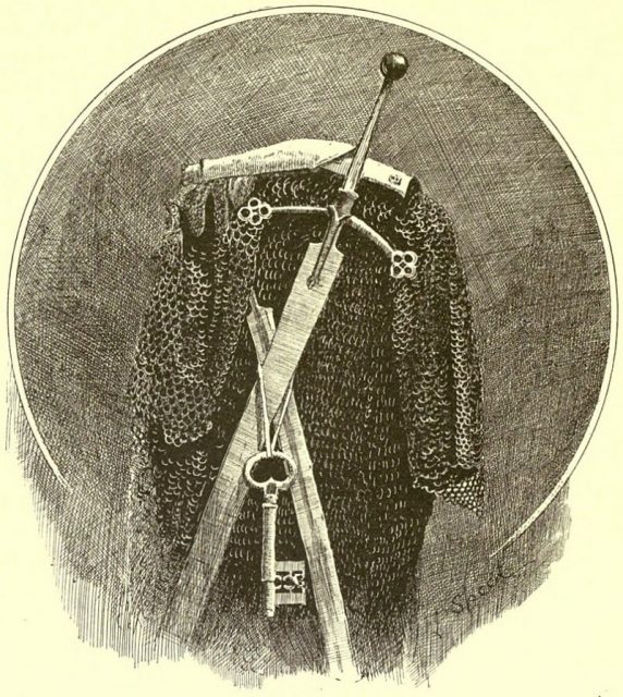 Engraving of a claymore and armour at Dunvegan Castle