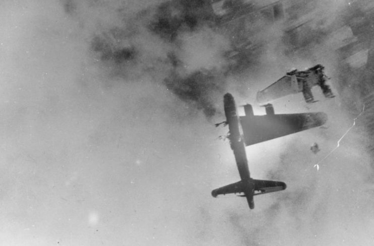 A Boeing B-17G, “Wee-Willie”, 322nd Bomb Squadron, 91st Bomb Group, is shot down over Kranenburg, Germany, after its port wing blown off by flak. Only the pilot, Lieutenant Robert E. Fuller, survived.U.S. Air Force photo