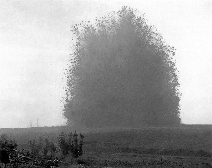 A mine exploding at Hawthorn Ridge Redoubt. A similar explosion traps Stephen and Firebrace below ground, before being rescued by German miners.