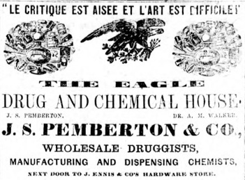 An advertisement for the Drugstore where the prototype for Coca-Cola was formulated.