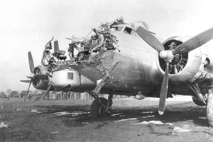 B-17G  of the 8th AF 398th which was damaged on a bombing mission over Cologne, Germany, on 15 October 1944; the bombardier was killed.