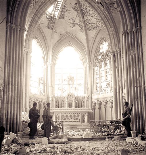 Unidentified Canadian Infantry in a Bombed Out Church in Carpiquet, near Caen, July 12, 1944