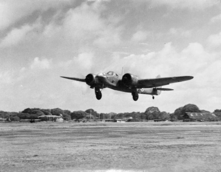 An RAF Bristol Blenheim bomber takes off from Colombo Racecourse in Ceylon during the war.