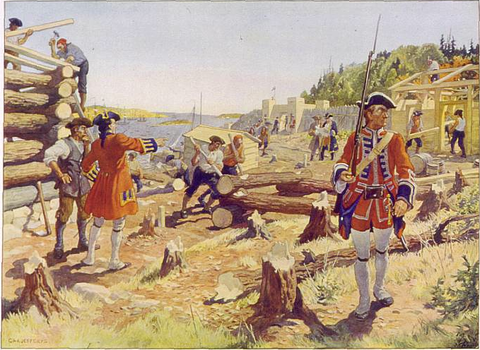 British soldiers guarding Halifax in 1749. Fighting in Nova Scotia between the British, and the Acadian and Mi’kmaq militias continued even after the signing of the peace treaty.