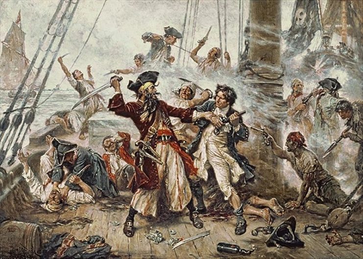 Capture of the Pirate, Blackbeard, 1718 depicting the battle between Blackbeard the Pirate and Lieutenant Maynard in Ocracoke Bay