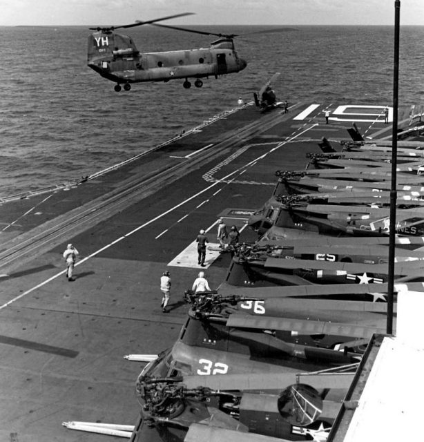 A Boeing-Vertol CH-47 Chinook arrives on board the U.S. Navy aircraft carrier USS Hancock (CVA-19) during “Operation Frequent Wind”, the evacuation of South Vietnam, in April 1975.