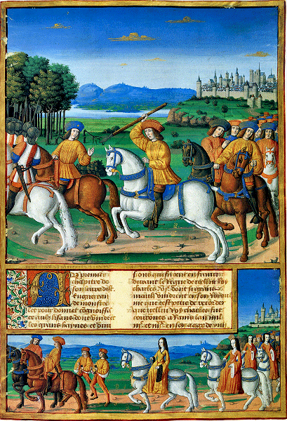 Miniature showing King Charles VI at the hunt. Queen Isabeau and her retinue are shown riding palfreys. From Enguerrand de Monstrelet’s Chronique.