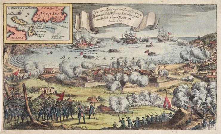 British forces besieging Louisbourg in 1745. The British captured the fortress, but returned it to the French at the end of the War of Austrian Succession.