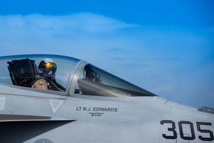 Lt. Kyle Rickert, from North Liberty, Iowa, prepares to launch from USS John C. Stennis’ flight deck in an F/A-18E Super Hornet assigned to the Warhawks of Strike Fighter Squadron 97 during flight operations.