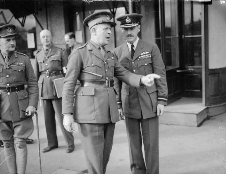 General Viscount Gort, BEF Commander in Chief with Air Vice Marshal C.H.B. Blount, Commander of the BEF Air Component outside the Hotel Moderne, Arras in France.