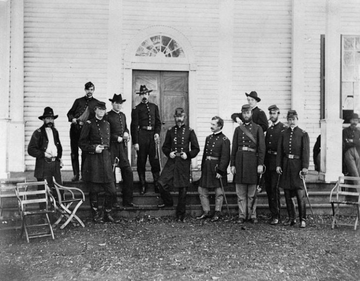 Generals George G. Meade, Andrew A. Humphreys and staff in Culpeper, Virginia outside Meade’s headquarters