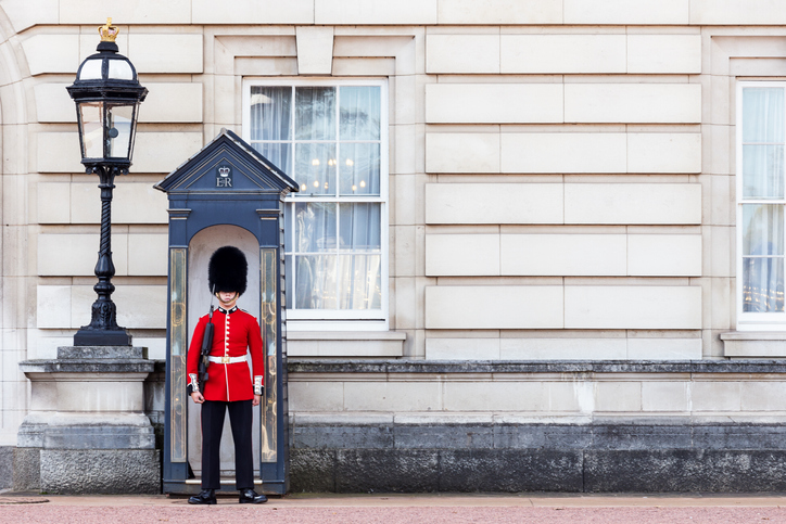 London: The Coldstream Guard outside Buckingham Palace standing guard early in the day just before the changing of the guards