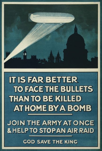 British First World War poster of a Zeppelin above London at night