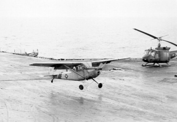 Major Buang lands his Cessna O-1 Bird Dog on the deck of USS Midway during Operation Frequent Wind