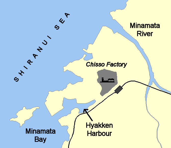Map of Minamata, illustrating the Chisso factory and its effluent routes.Photo: Bobo12345 CC BY-SA 3.0
