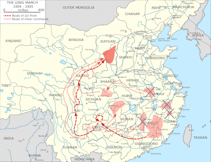 Overview map of the route of the Long March. Light red areas show Communist enclaves. Photo: Guimard CC BY-SA 3.0