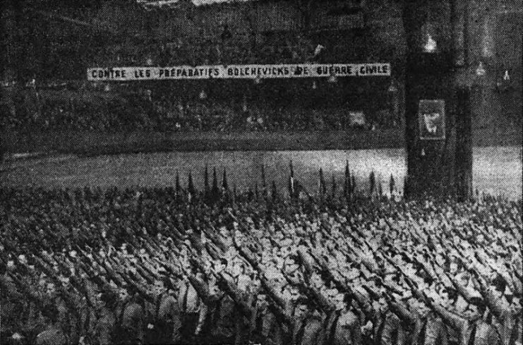 Meeting at the Vel d’Hiv in Paris of the Front révolutionnaire national, a French fascist paramilitary organization created on 28 February 1943 to fight the French Resistance.
