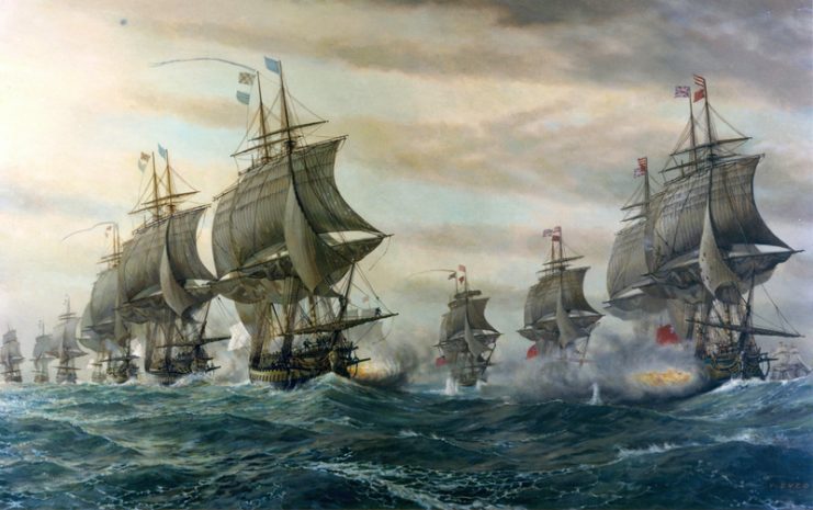 Naval Battle between French and British at Chesapeake Bay. American Revolution. Illustration by US Navy Naval History and Heritage Command.