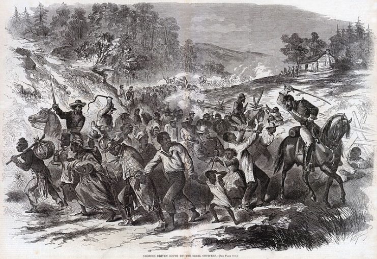 A Harper’s Weekly illustration showing Confederate troops escorting captured African American civilians south into slavery.