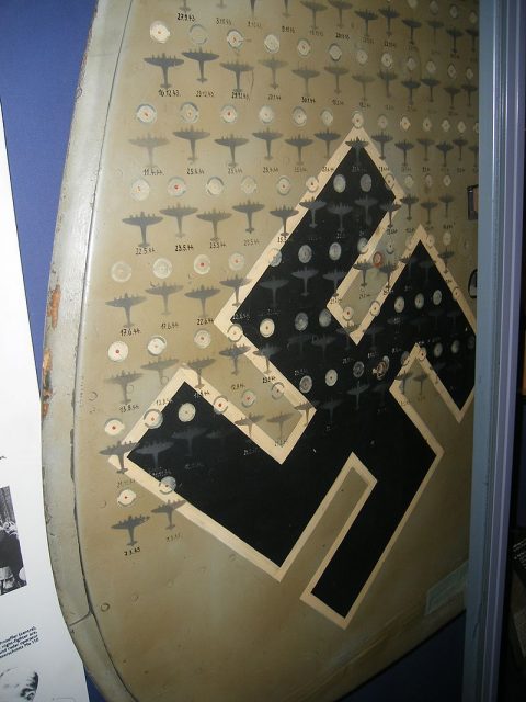 One of the tail fins of Heinz-Wolfgang Schnaufer’s Bf 110. It displays all of his 121 victories, Imperial War Museum