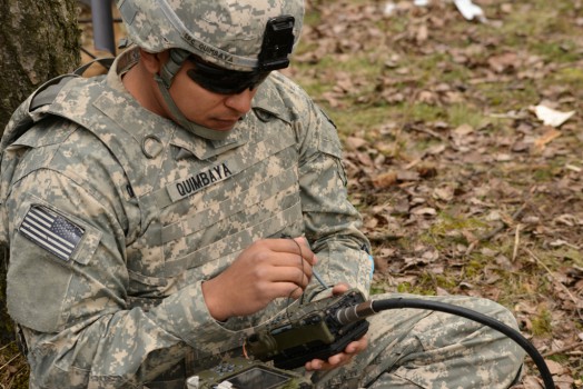 U.S. Army Spc. Christopher Quimbaya, a paratrooper assigned to 1st Battalion, 503rd Infantry Regiment, 173rd Infantry Brigade Combat Team (Airborne), uses a Defense Advanced GPS Receiver (DAGR) during a combined-arms live-fire exercise at Grafenwoehr, Germany, March 28, 2014. (U.S. Army photo by Visual Information Specialist Markus Rauchenberger)