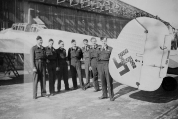 Members of the Royal Australian Air Force pose with Schnaufer’s Bf 110G-4 (G9+BA, Stab/NJG 1) at Schleswig, Germany, shortly after the end of the war (19 June 1945)