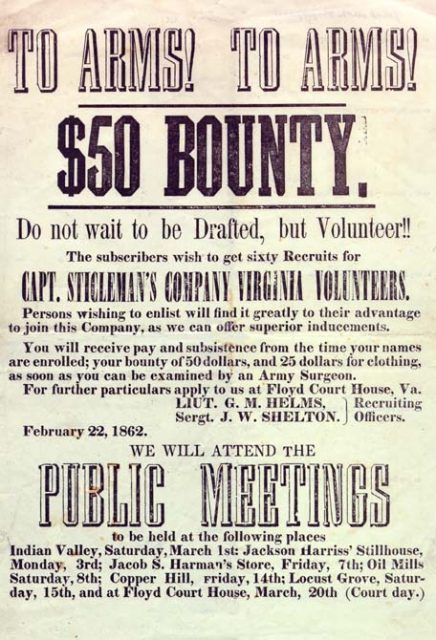 Recruiting poster for the Confederate States of America, Floyd County, Virginia, February 1862.