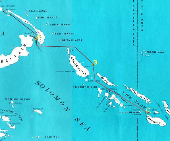 Approach route of Mikawa’s force from Rabaul and Kavieng (upper left), pausing off the east coast of Bougainville (center) and then traveling down The Slot to attack Allied naval forces off Guadalcanal and Tulagi (lower right)