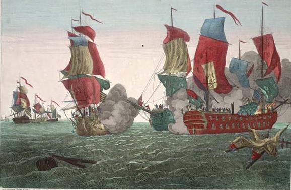 Engraving of the famous sea-battle involving John Paul Jones based on the painting “Action Between the Serapis and Bonhomme Richard” by Richard Paton.