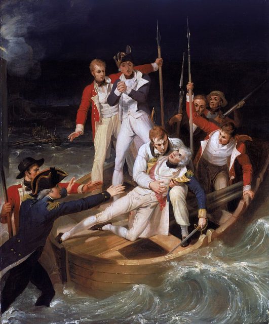 Nelson wounded during the battle of Santa Cruz de Tenerife; 1806 painting by Richard Westall