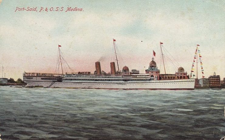 SS Medina, P&O ship in 1915 at Port Said, Egypt.Photo: Malcolmlgoddard CC BY-SA 4.0