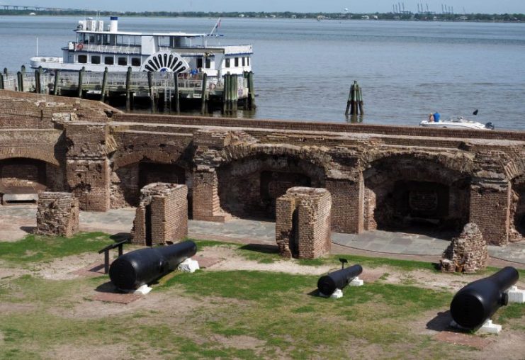 The ferry boat Spirit of the Lowcountry waits at Fort Sumter, Charleston, South Carolina, USA.